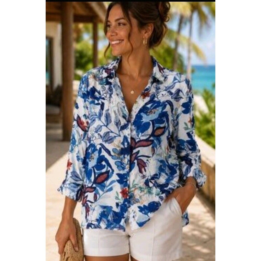 Chico's Size 3 Blue Floral Button-up Shirt US 16 Cotton Stretch Blouse Tropical